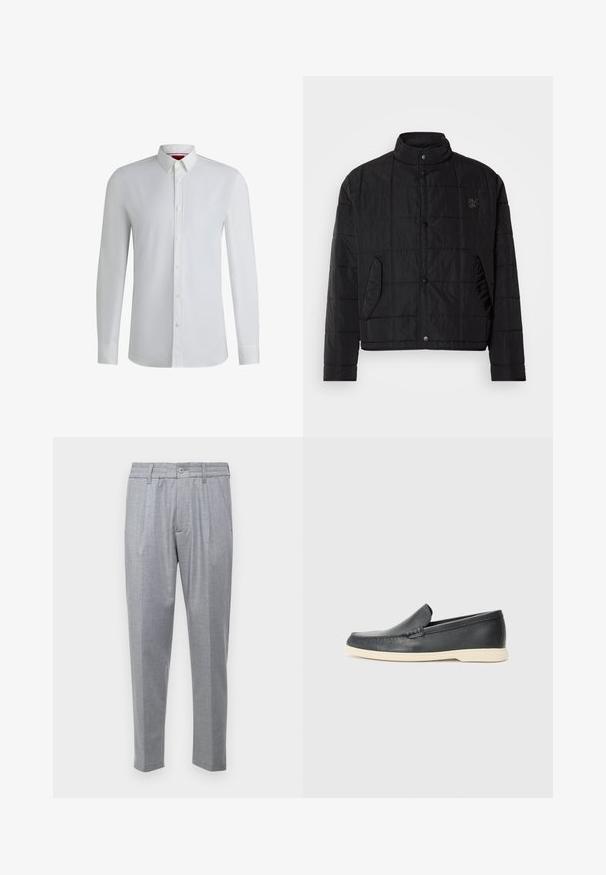 Černá prošívaná bunda s stojáčkem, vybavená patentkami a bočními kapsami, vyrobená z lesklého, lehkého materiálu.; Bílá košile s dlouhými rukávy a límečkem na knoflíky, s hladkou texturou, rovný střih a jemným detailem podél přední légy.; Světle šedé kalhoty s texturální tkaninou, se sklady, klasickým pasem a zúženými nohavicemi. Zapínání na knoflík vpředu.; Černé kožené mokasíny na klínku s texturovaným povrchem a kontrastní béžovou gumovou podrážkou. Vyznačují se jemným akcentem podél přední části.