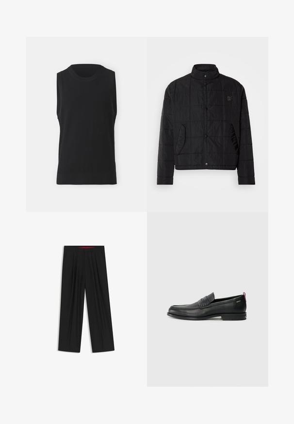 Schwarze gesteppte Jacke mit Stehkragen, ausgestattet mit Druckknöpfen und Seitentaschen, aus glänzendem, leichtem Material gefertigt.; DRYKORN EZRAEL - Top - black; Schwarze weit geschnittene Hosen mit flachem Bund, zwei seitlichen Taschen, gefaltetem Design und einem kontrastierenden roten Innenbund.; Schwarze Lederloafers mit einem strukturierten Vorderteil und glatten Seiten. Sie verfügen über einen schmalen Absatz und eine Schlaufe an der Rückseite für einfaches Anziehen. Klassisches Design.