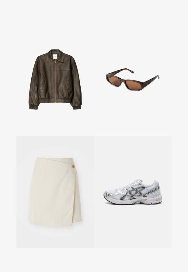 Giacca bomber in pelle marrone con zip frontale, colletto a punta, polsini e fondo elasticizzati, e tasche laterali. Cuciture in contrasto visibili.; Felpa bianca con zip realizzata in tessuto morbido. Presenta un cappuccio regolabile, tasche frontali e polsini a costine. Design semplice e minimalista.; Top in cotone beige chiaro a coste, con scollatura rotonda e senza maniche. Realizzato in un tessuto morbido, con bordi dei margini puliti. Senza motivi visibili.; Gonna avvolgente beige con chiusura laterale a bottoni, tessuto solido, linee pulite e una consistenza liscia, progettata per una silhouette aderente.; Scarpa da corsa bianca in rete con accenti argentati, dotata di una tomaia traspirante, colletto imbottito e suola in gomma testurizzata per una maggiore aderenza.; Occhiali da sole tartarugati marroni con lenti rettangolari, profilo snello e bracci curvi. Le lenti hanno una tinta marrone, la montatura è in plastica.