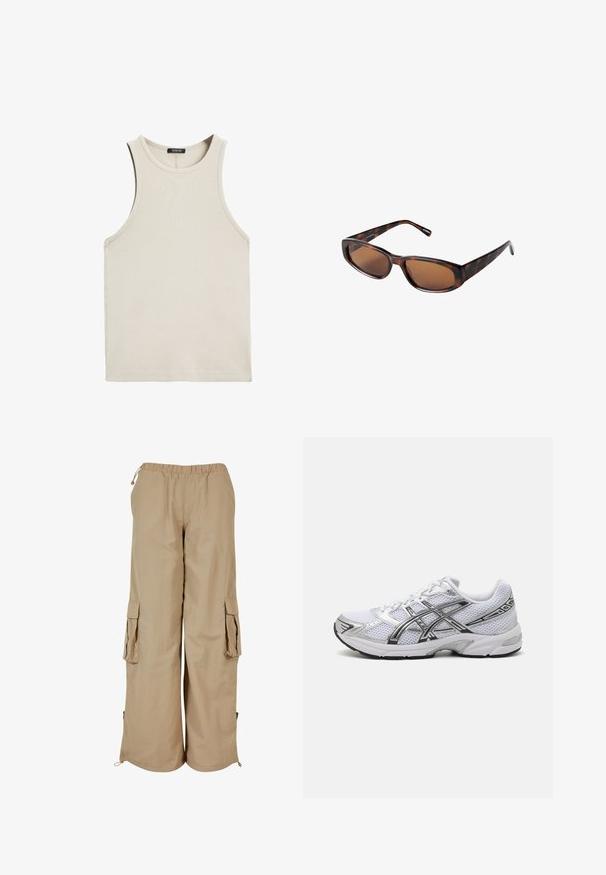 Bruine leren bomberjack met een ritssluiting aan de voorkant, puntige kraag, elastische manchetten en zoom, en zijzakken. Contrasterende stiksels zijn zichtbaar.; Witte zip-up hoodie gemaakt van zachte stof. Beschikt over een trekkoordkap, voorzakken en ribgebreide manchetten. Eenvoudig, minimalistisch ontwerp.; Lichtbeige geribde tanktop met een ronde hals en zonder mouwen. Gemaakt van een zachte stof, met schone zoomranden. Geen zichtbare patronen.; Beige cargobroek met een elastische tailleband, twee zijzakken en netaccenten; gemaakt van lichtgewicht, gestructureerde stof.; Witte mesh hardloopschoen met zilveren accenten, voorzien van een ademende bovenkant, een gevoerde kraag en een getextureerde rubberen zool voor grip.; Brown tortoise-shell zonnebril met rechthoekige lenzen, slank profiel en gebogen armen. Lenzen hebben een bruin tint, het frame is van kunststof.