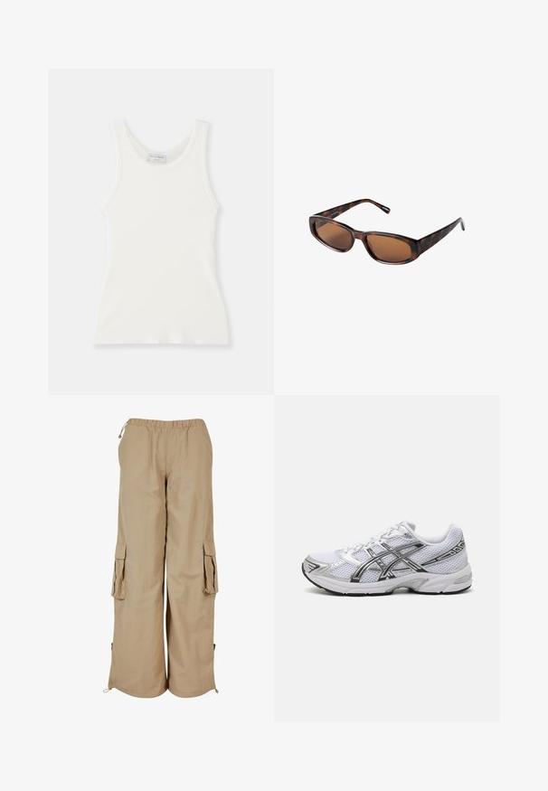 Brun læder bomberjakke med lynlåsfortil, spids krave, elastiske cuffe og kant, samt sidelommer. Kontrastsyninger synlige.; Hvid zip-up hoodie lavet af blødt stof. Har hætte med snoretræk, frontlommer og ribbede manchetter. Enkel, minimalistisk design.; Hvid ribbet tanktop med rund halsudskæring og brede stropper, som har en blød tekstur og en tætsiddende silhuet.; Beige cargo bukser med elastisk talje, to sidelommer og mesh-detaljer; fremstillet af letvægts, tekstureret stof.; Hvide mesh løbesko med sølvdetaljer, der har en åndbar overdel, polstret krave og en struktureret gummisål for godt greb.; Brune skildpadde-solbriller med rektangulære linser, slank profil og buede arme. Linsen har en brun tone, og stellet er lavet af plastik.