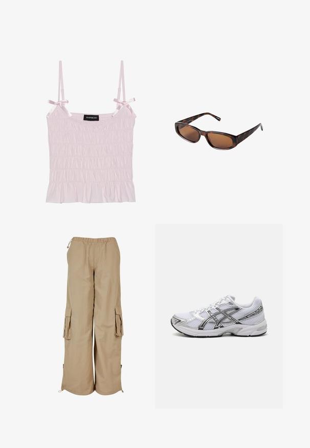 Barna bőr bombázó dzseki, elől cipzárral, hegyes gallérral, elasztikus mandzsettákkal és alsó résszel, valamint oldalsó zsebekkel. Kontrasztos varrás látható.; Fehér, cipzáras kapucnis pulóver, puha anyagból készült. Jellegzetes elemei a zsinórral ellátott kapucni, elülső zsebek és bordázott mandzsetta. Egyszerű, minimalista dizájn.; Világos rózsaszín camisole, állítható selyem pántokkal és ráncolt textúrával, fodros aljjal és márka címkével a közepén.; Beige cargo nadrág elasztikus derékpánttal, két oldalsó zsebbel és hálós részletekkel; könnyű, texturált anyagból készült.; Fehér hálós futócipő ezüst részletekkel, lélegző felsőrésszel, párnázott bokarésszel és tapadós gumitalppal a stabilitás érdekében.; Barna teknős páncél mintázatú napszemüveg téglalap alakú lencsékkel, karcsú profillal és ívelt karokkal. A lencsék barna árnyalatúak, a keret műanyagból készült.