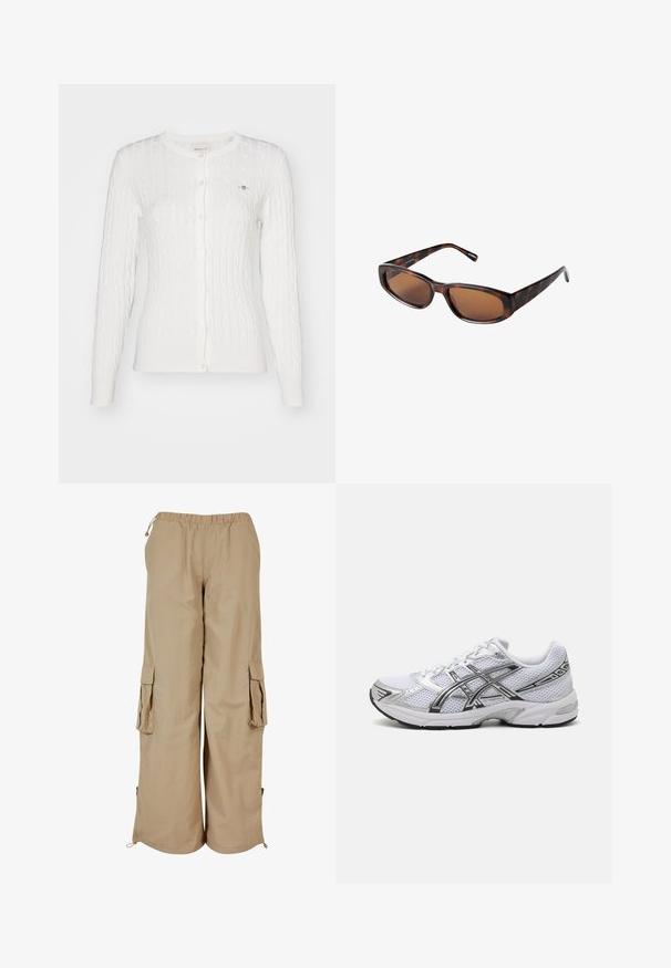 Brązowa skórzana kurtka bomberka z zapięciem na zamek, spiczastym kołnierzem, elastycznymi mankietami i dołem oraz bocznymi kieszeniami. Widoczne kontrastowe szwy.; Biały kardigan w splot seta z długimi rękawami, okrągłym dekoltem i zapięciem na guziki. Posiada subtelne prążkowane wykończenie oraz małe logo na piersi.; Jasnobeżowy, prążkowany top na ramiączkach z okrągłym dekoltem i bez rękawów. Wykonany z miękkiego materiału, z wykończeniem brzegów na gładko. Brak widocznych wzorów.; Beżowe spodnie cargo z elastycznym pasem, dwoma bocznymi kieszeniami i akcentami z siateczki; wykonane z lekkiego, teksturowanego materiału.; Białe siateczkowe buty do biegania z srebrnymi akcentami, z oddychającą cholewką, wyściełanym kołnierzem i teksturowaną gumową podeszwą zapewniającą przyczepność.; Brązowe okulary przeciwsłoneczne w stylu tortoise z prostokątnymi soczewkami, smukłym profilem i zaokrąglonymi ramionami. Soczewki mają brązowy odcień, a oprawa wykonana jest z plastiku.
