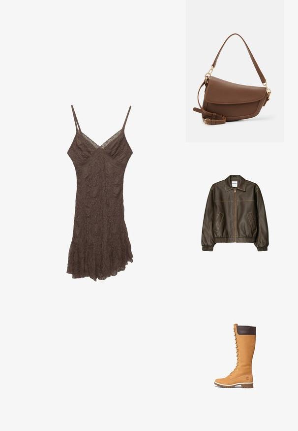 Brązowa skórzana kurtka bomberka z zapięciem na zamek, spiczastym kołnierzem, elastycznymi mankietami i dołem oraz bocznymi kieszeniami. Widoczne kontrastowe szwy.; Brązowa sukienka na ramiączkach z koronką, z cienkimi ramiączkami, dekoltem w kształcie litery V, teksturowanym materiałem i falbaniastym dołem. Delikatne wzory kwiatowe na całej powierzchni materiału.; Timberland - Kozaki sznurowane; Brązowa skórzana torba na ramię o teksturowanym wykończeniu, zaokrąglonym kształcie, złotych akcentach, regulowanym pasku i zapięciu na klapę.
