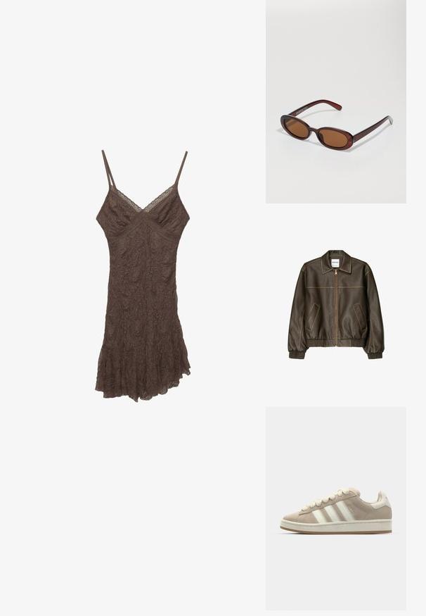 Brązowa skórzana kurtka bomberka z zapięciem na zamek, spiczastym kołnierzem, elastycznymi mankietami i dołem oraz bocznymi kieszeniami. Widoczne kontrastowe szwy.; Brązowa sukienka na ramiączkach z koronką, z cienkimi ramiączkami, dekoltem w kształcie litery V, teksturowanym materiałem i falbaniastym dołem. Delikatne wzory kwiatowe na całej powierzchni materiału.; Zamszowe sneakersy w kolorze tan z białymi skórzanymi paskami i sznurowadłami, gumową podeszwą, wyściełanym kołnierzem oraz fakturowanymi detalami na górnej części.; Okrągłe, brązowe okulary przeciwsłoneczne z błyszczącą bordową oprawą. Cienkie ramiona z subtelnym detalem marki. Płaski kształt soczewek.; Brązowa skórzana torba na ramię o teksturowanym wykończeniu, zaokrąglonym kształcie, złotych akcentach, regulowanym pasku i zapięciu na klapę.