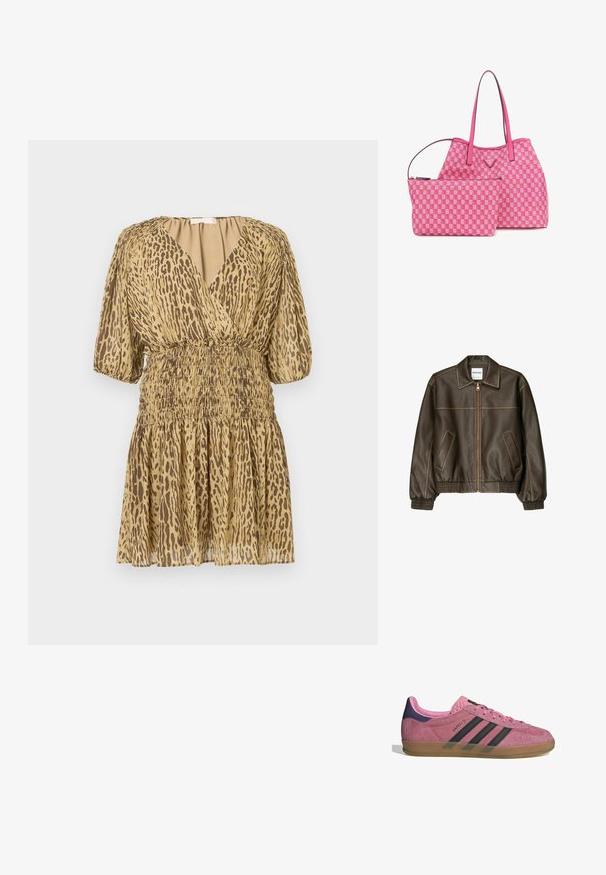 Veste bomber en cuir marron avec fermeture éclair à l'avant, col pointu, poignets et ourlet élastiqués, et poches latérales. Coutures contrastées visibles.; Robe courte beige avec imprimé léopard marron, décolleté en V profond, manches mi-longues bouffantes, et taille et jupe élastiquées froncées.; Baskets en suède rose avec des rayures noires, semelle en gomme et talon en velours violet texturé. Présente un design à lacets et un logo embossé sur le côté.; Sac fourre-tout à motif carreaux roses avec une pochette assortie plus petite ; présente un matériau lisse, des poignées doubles et des accents de logo dorés.