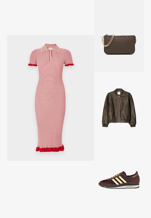 Barna bőr bombázó dzseki, elől cipzárral, hegyes gallérral, elasztikus mandzsettákkal és alsó résszel, valamint oldalsó zsebekkel. Kontrasztos varrás látható.; Piros és fehér csíkos pólóruha rövid ujjal, bordás textúrával és fodros díszítéssel az ujjakon és az alján. Öt gombos gombolás.; Barna és bordó sneaker velúr és hálós anyagból, három krémcsíkkal, texturált anyaggal a nyelvén és gumitalppal.; Barna bőr keresztpántos táska logómintával, arany láncos pánttal, cipzáras záródással és arany fémkiegészítőkkel. Kompakt és téglalap alakú dizájn.