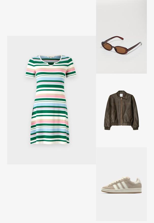 Brun läderbomberjacka med dragkedja fram, spetsig krage, elastiska manschetter och nederkant, samt sidofickor. Kontrastsydda sömmar synliga.; Randig kortärmad klänning med rund halsringning. Har horisontella ränder i grönt, blått, rosa och kräm. Mjuk, elastisk tyg.; Tan mockasiner i mocka med vita läderstripear och snören, gummiyttersula, vadderad krage och texturerade detaljer på ovansidan.; Runda, bruntonade solglasögon med en glansig bordeauxfärgad ram. Smala bågar med subtilt varumärkesdetalj. Platt linsdesign.; Brun läderaxelväska med texturerad yta, böjd form, detaljer i guldton, justerbar rem och lockstängning.