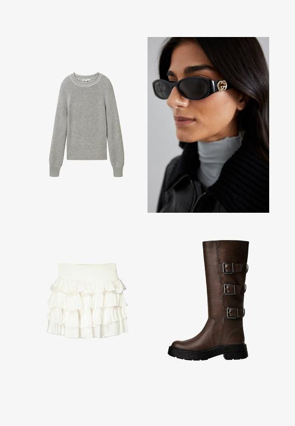 Brązowa skórzana kurtka bomberka z zapięciem na zamek, spiczastym kołnierzem, elastycznymi mankietami i dołem oraz bocznymi kieszeniami. Widoczne kontrastowe szwy.; TOM TAILOR DENIM - Sweter; Biała spódnica z falbanami i gumką w pasie. Posiada warstwowe, przezroczyste falbany, które tworzą teksturowany, zwiewny wygląd.; Brązowy skórzany wysokich but na kolano z trzema metalowymi klamrami, teksturowana powierzchnia, okrągły czubek i masywna podeszwa dla stabilności.; Czarne okulary przeciwsłoneczne o eleganckim, prostokątnym kształcie z logo w kolorze złotym na boku. Ciemne soczewki i błyszczące wykończenie są wyraźnie widoczne.; Szara torebka o fakturze z miękkim uchwytem, siateczkowymi akcentami, regulowanym paskiem i zapięciem z przodu. Kompaktowy design w zaokrąglonym kształcie.