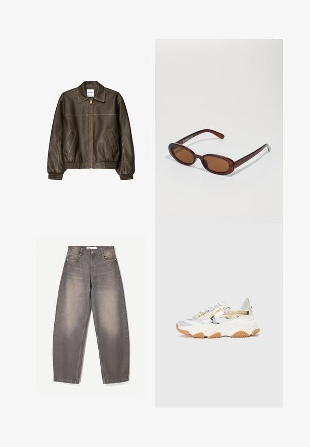 Braune Lederbomberjacke mit einem Reißverschluss vorne, spitzem Kragen, elastischen Bündchen und Saum sowie Seitentaschen. Sichtbare Kontrastnähte.; Weißes Hemd mit langen Ärmeln, klassischem Kragen, strukturiertem Schnitt und subtilen vertikalen Nähten für zusätzliche Details.; Weite graue Jeans aus Denim, mit subtiler Ausbleichung, fünf Taschen-Design, Gürtelschlaufen und einem Knopfverschluss an der Taille.; Chunky Sneakers aus silbernem und weißem Mesh, mit einer strukturierten Gummisohle, dekorativen Reißverschlüssen und einer Gummisohle.; Runde, braun getönte Sonnenbrillen mit einem glänzenden burgunderfarbenen Rahmen. Schlanke Bügel mit dezentem Branding. Flaches Linsendesign.