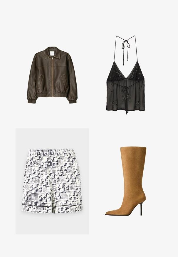 Brązowa skórzana kurtka bomberka z zapięciem na zamek, spiczastym kołnierzem, elastycznymi mankietami i dołem oraz bocznymi kieszeniami. Widoczne kontrastowe szwy.; Czarna przezroczysta kamizelka na ramiączkach typu spaghetti, ozdobiona koralikowymi akcentami w kwiatowe wzory i z zapięciem na sznurki z przodu. Lekki i teksturowany materiał.; Białe szorty z czarnym abstrakcyjnym wzorem, elastycznym pasem i jednolitym czarnym wykończeniem na końcu. Wykonane z lekkiego materiału.; Kozaki do kolan z zamszu w kolorze camelowym, z ostrym noskiem i cienkim, wysokim obcasem. Gładka textura i smukła sylwetka z minimalnymi detalami.