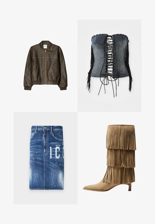 Brun læder bomberjakke med lynlåsfortil, spids krave, elastiske cuffe og kant, samt sidelommer. Kontrastsyninger synlige.; Denim strappy korsæt uden stropper med sort snøring fortil, sølvøjer og sorte frynsede detaljer langs siderne. Har en struktureret pasform og forvasket tekstur.; Mørkeblå denimnederdel med slidte detaljer, lyse blegede pletter og trykte bogstaver. Har standard talje og lynlås lukning.; Fringe ankelstøvle i tan ruskind med tre lag af frynser. Spids tå og en lav blokhæl. Glat tekstur over det hele.