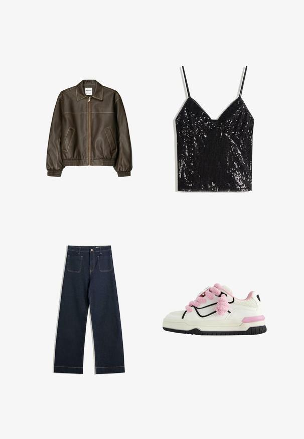 Ruskea nahkainen pommikonejacketti, jossa on vetoketjullinen etuosa, terävä kaulus, joustavat hihansuut ja helma sekä sivutaskut. Näkyvää kontrastiväristä ompelua.; Mustaton ilmanhihoilla varustettu paljettitoppi ohuilla olkaimilla ja V-mallisella kaula-aukolla.; Tummansinisiä leveälahkeisia farkkuja, joissa on vaaleanruskeat tikkaukset, kaksi takataskua ja napitus vyötäröllä.; Valkoinen urheilukenkä, jossa on vaaleanpunaiset pörröiset nauhat, musta ääriviiva, rei'itetty verkko-osio ja paksu kumipohja, jossa on vaaleanpunainen yksityiskohta.