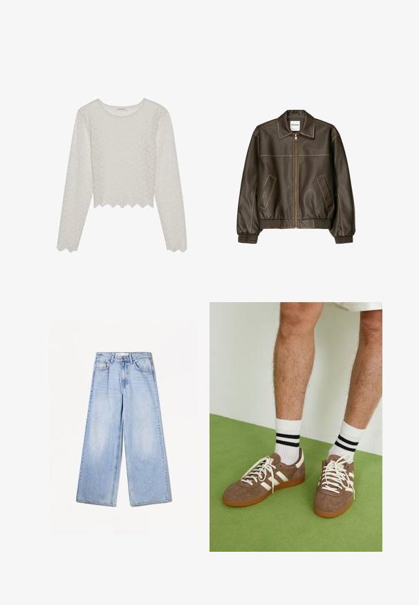Brown leather bomber jacket with a zip front, pointed collar, elasticized cuffs and hem, and side pockets. Contrast stitching visible.; Cream-colored long-sleeve top with a textured floral pattern, cropped design, and scalloped hem. Made from a lightweight, semi-sheer fabric.; Bershka WIDE-LEG - Wide Leg - light-blue denim; Brown suede sneakers with white accents and laces. Rubber gum sole. Worn with white socks featuring black stripes. Green textured flooring.