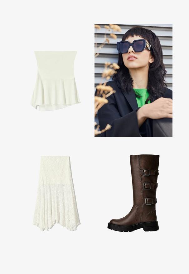 Brun läderbomberjacka med dragkedja fram, spetsig krage, elastiska manschetter och nederkant, samt sidofickor. Kontrastsydda sömmar synliga.; Vit peplumtop i mjukt material, med en kroppsnära överdel och utsvängd fåll. Slät textur med minimal detaljering.; Vit spetskjol med ett texturerat mönster, med en asymmetrisk nederkant och en flödande siluett, tillverkad av lättviktig textil.; Bruna läderstövlar som går upp till knäna, med tre metallspännen, texturerad yta, rund tå och kraftig sula för stabilitet.; Överdimensionerade svarta solglasögon med en tjock ram och guldaccenter, bärs tillsammans med en svart kavaj och en ljusgrön skjorta, mot en horisontell bakgrund.; Krämfärgad väska med fuskpäls i en böjd form, bruna läderdetaljer och ett guldtonat spänne med varumärkets namn.
