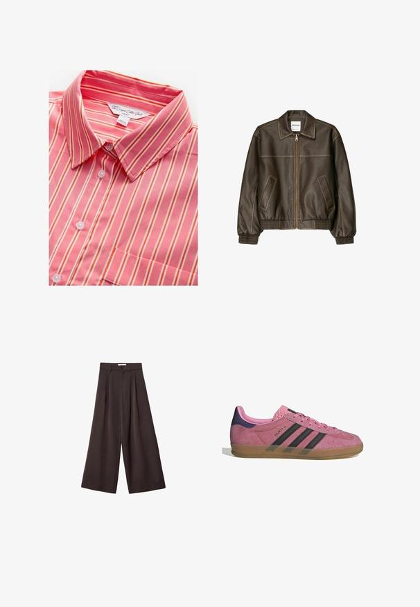 Brown leather bomber jacket with a zip front, pointed collar, elasticized cuffs and hem, and side pockets. Contrast stitching visible.; Pink and white striped cropped cotton shirt with a collar, featuring button closure and a single chest pocket. Soft texture and lightweight fabric.; Black wide-leg trousers with a high waist, featuring front pleats and a button closure at the waist, made from smooth fabric.; Pink suede sneaker with black stripes, gum sole, and textured purple heel. Features a lace-up design and embossed branding on the side.