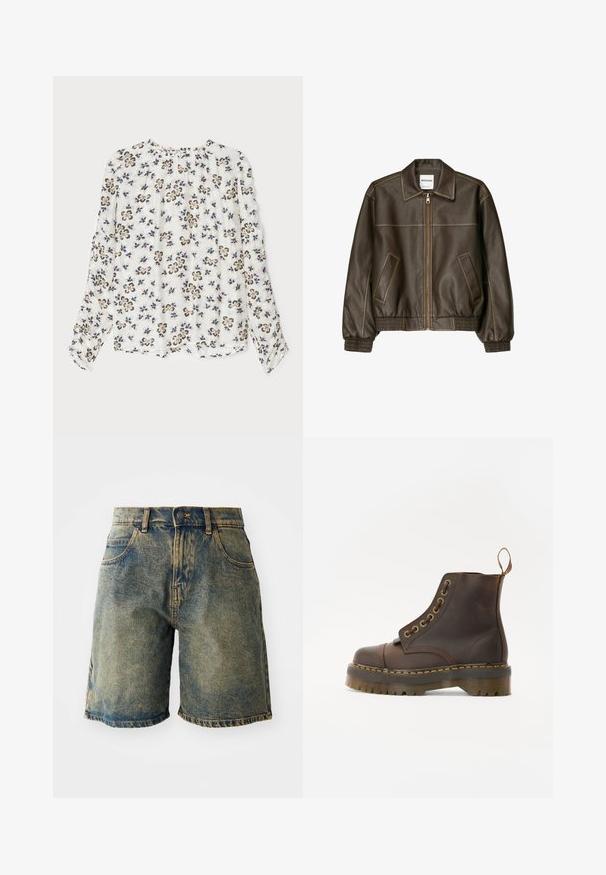 Giacca bomber in pelle marrone con zip frontale, colletto a punta, polsini e fondo elasticizzati, e tasche laterali. Cuciture in contrasto visibili.; MUNTHE SEIMA - Camicetta - ivory; Pantaloni shorts in denim di colore blu sbiadito, con cinque tasche, chiusura a bottone e orli sfrangiati, presentano una texture leggermente usurata.; Stivale alla caviglia in pelle marrone con punta tonda, cuciture gialle a contrasto, occhielli decorativi in metallo e suola in gomma scanalata.