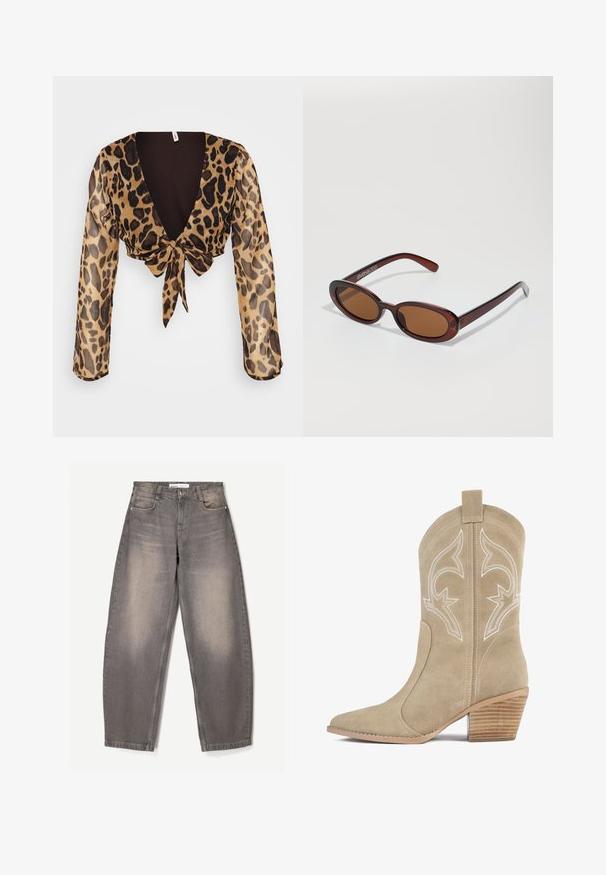 Giacca bomber in pelle marrone con zip frontale, colletto a punta, polsini e fondo elasticizzati, e tasche laterali. Cuciture in contrasto visibili.; Crop top con stampa leopardo in tessuto leggero e trasparente. Presenta maniche lunghe, scollatura a V profonda e un davanti annodato. Schema di colori marrone e beige.; Jeans grigi larghi realizzati in denim, con leggeri sbiadimenti, design a cinque tasche, passanti per cintura e chiusura con bottone in vita.; Stivale da cowboy in suede beige con punta affusolata, cuciture decorative bianche e tacco in legno impilato. Presenta un passante sul retro.; Occhiali da sole rotondi con tonalità marrone, montatura lucida color bordeaux. Aste sottili con un sottile dettaglio del marchio. Design delle lenti piatte.