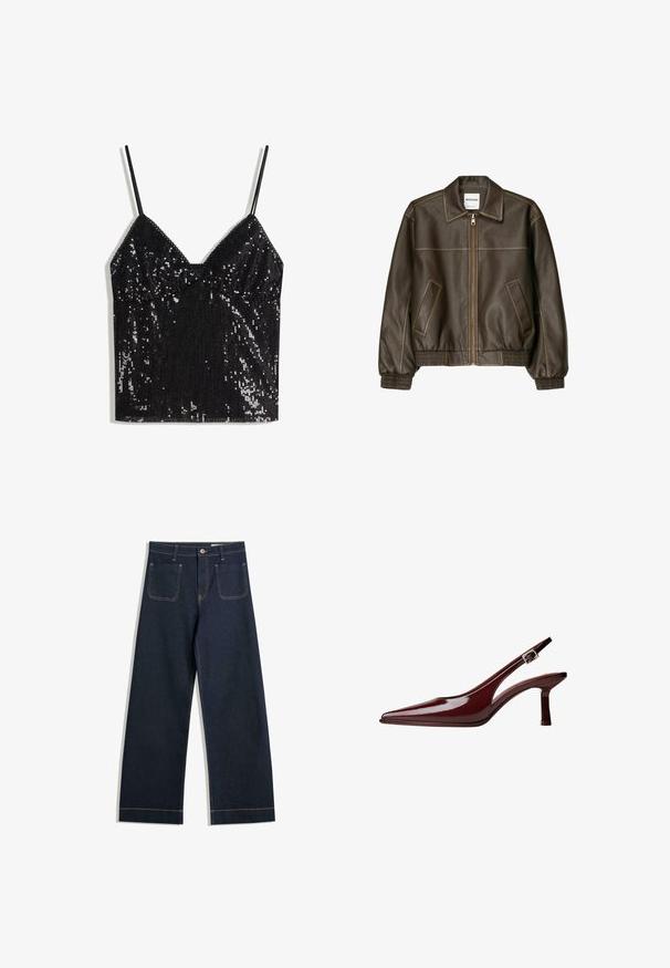 Brązowa skórzana kurtka bomberka z zapięciem na zamek, spiczastym kołnierzem, elastycznymi mankietami i dołem oraz bocznymi kieszeniami. Widoczne kontrastowe szwy.; Czarna, bezrękawnikowa bluzka z cekinami, z cienkimi ramiączkami i dekoltem w kształcie litery V.; Granatowe, szerokie dżinsy wykonane z denimu, z kontrastującym, jasnobrązowym przeszyciem, dwiema tylnymi kieszeniami i zapięciem na guzik w talii.; Bordowe lakierowane szpilki typu slingback z zakończeniem w szpic, średniej wysokości obcasem typu kitten heel oraz srebrnym zapięciem na tle białym.