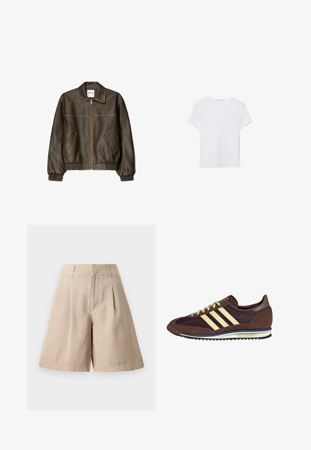 Rjava usnjena bomberska jakna z zadrgo spredaj, s koničastim ovratnikom, elastičnimi manšetami in robom, ter stranskimi žepi. Vidna kontrastna šivana.; Bela kratka majica s kratkimi rokavi, izdelana iz mehkega materiala. Ima okroglo izrez in preprost, čist dizajn s ravnim robom.; Bež kratke hlače iz bombaža s pliseji, ki se ponašajo z visokim pasom in ravnim krojem. Gladka tekstura in oblikovan dizajn zagotavljata strukturiran videz.; Rjavi in rdeče-burgundske teniske iz usnja in mrežastega materiala, ki imajo tri smetane stripe, teksturirano blago na jeziku in gumijast podplat.