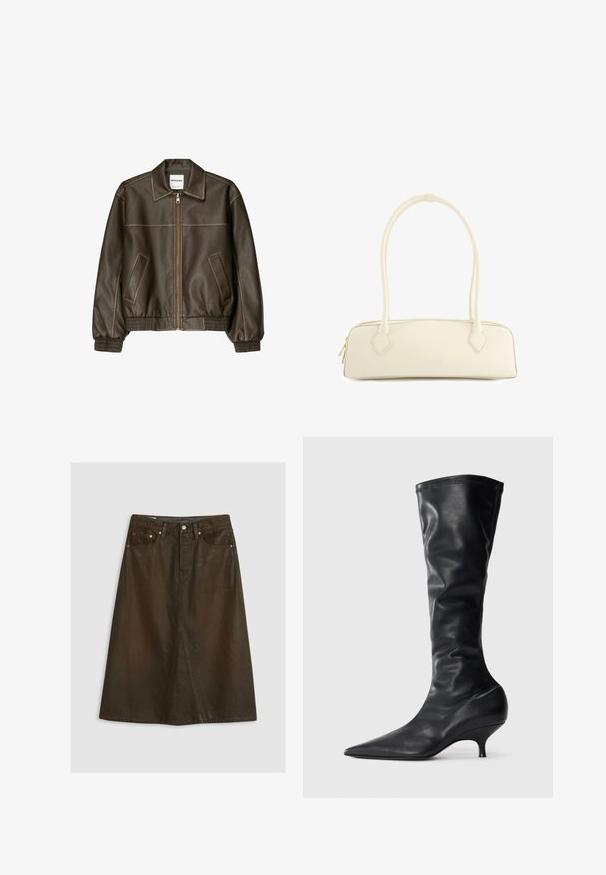 Brown leather bomber jacket with a zip front, pointed collar, elasticized cuffs and hem, and side pockets. Contrast stitching visible.; Sleeveless light green top made of smooth fabric, featuring a high neck and a fitted silhouette. No visible hardware or patterns.; Brown, knee-length denim skirt with a front slit, five-pocket design, metal hardware, and subtle texture.; Black leather knee-high boots with a pointed toe and a slim, curved heel. Soft texture and a smooth finish with minimal stitching details.; White leather handbag with a rectangular shape, featuring two long handles and a zip closure. Textured finish and logo embossed on the front.
