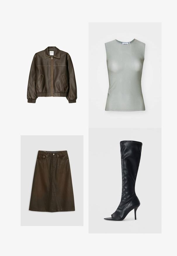 Braune Lederbomberjacke mit einem Reißverschluss vorne, spitzem Kragen, elastischen Bündchen und Saum sowie Seitentaschen. Sichtbare Kontrastnähte.; Ärmelloses, hellgrünes Oberteil aus glattem Stoff, mit hohem Kragen und taillierter Silhouette. Keine sichtbaren Beschläge oder Muster.; Brauner, knielanger Jeansrock mit einem Schlitz vorne, Fünf-Taschen-Design, Metallbeschlägen und subtiler Textur.; Schwarze synthetische Lederstiefel in Knielänge mit einer spitzen offenen Zehe und einem hohen Stiletto-Absatz. Strukturierte Oberseite und glatte Oberfläche.