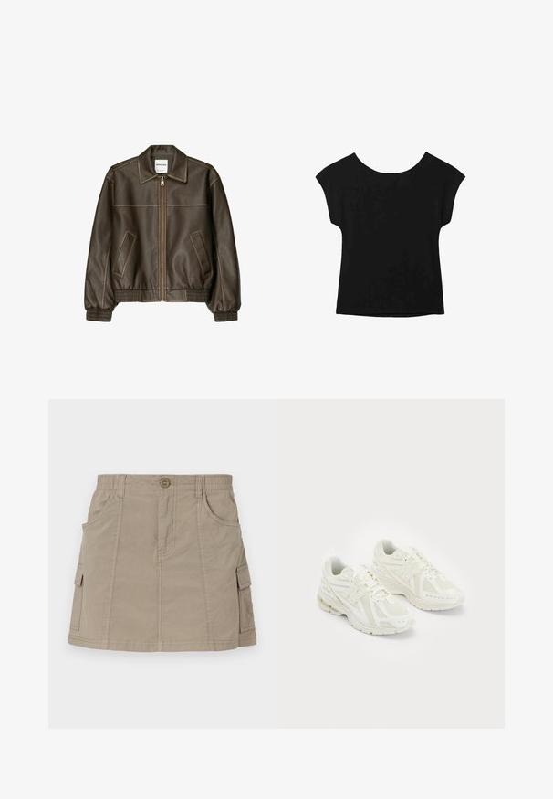 Braune Lederbomberjacke mit einem Reißverschluss vorne, spitzem Kragen, elastischen Bündchen und Saum sowie Seitentaschen. Sichtbare Kontrastnähte.; Schwarzes Kurzarmoberteil mit weit ausgeschnittener Halslinie und lockerer Passform. Hergestellt aus weichem Stoff ohne sichtbare Muster oder Verzierungen.; Khakifarbenem Cargo-Rock mit einem Taillenbund, frontalen Taschen und seitlichen Cargo-Taschen. Hergestellt aus einem leichten Stoff mit glatter Textur.; Weiße Sportschuhe aus Mesh- und synthetischen Materialien, Schnürdesign, gepolsterter Kragen und strukturiertes Profil für besseren Grip. Leichte Bauweise.