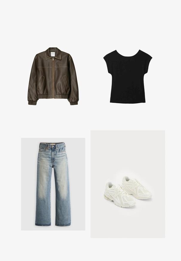 Rjava usnjena bomberska jakna z zadrgo spredaj, s koničastim ovratnikom, elastičnimi manšetami in robom, ter stranskimi žepi. Vidna kontrastna šivana.; Črna kratka majica s širokim izrezom in ohlapnim krojem. Narejena iz mehkega materiala brez vidnih vzorcev ali okrasnih elementov.; Modre široke jeans hlače iz denima s svetlim pranjem, visokim pasom, petimi žepi in mesinganimi dodatki. Izbledele točke na sprednji in zadnji strani.; Beli športni copati iz mrežastih in sintetičnih materialov, z vezalkami, oblazinjenim ovratnikom in strukturiranim podplatom za oprijem. Lahka konstrukcija.