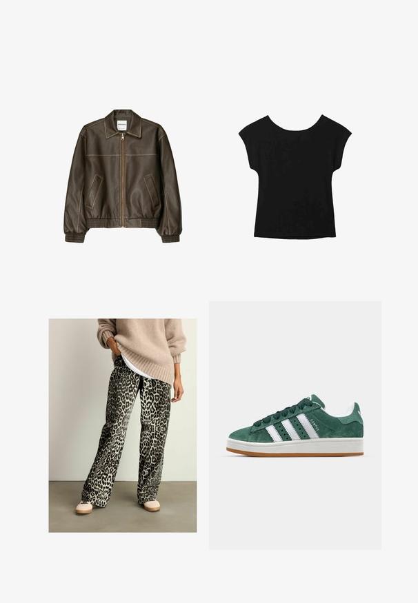 Giacca bomber in pelle marrone con zip frontale, colletto a punta, polsini e fondo elasticizzati, e tasche laterali. Cuciture in contrasto visibili.; Top nero a maniche corte con scollatura ampia e vestibilità ampia. Realizzato in tessuto morbido senza pattern o decorazioni visibili.; Pantaloni a stampa animale neri e grigi con design a gamba larga, realizzati in un tessuto morbido, abbinati a un maglione beige in maglia e scarpe leggere.; Sneaker in suede verde con strisce in pelle bianca, suola in gomma, collarino imbottito e design minimalista. Presenta il marchio sul lato.