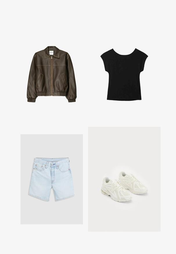 Ruskea nahkainen pommikonejacketti, jossa on vetoketjullinen etuosa, terävä kaulus, joustavat hihansuut ja helma sekä sivutaskut. Näkyvää kontrastiväristä ompelua.; Mustat lyhythihaiset paidat, joissa on leveä kaula-aukko ja löysä istuvuus. Valmistettu pehmeästä kankaasta, jossa ei ole näkyviä kuvioita tai koristeita.; Vaaleansiniset farkkushortsit, joissa on haalistunut viimeistely. Yksityiskohtina viisi taskua, napitus ja oranssit tikkaukset. Klassinen suora leikkaus.; Valkoiset urheilukengät, joissa on verkkomateriaali ja synteettisiä materiaaleja, nauhakuulakesuunnittelu, pehmustettu kaulus ja teksturoitu pohja pidon takaamiseksi. Kevyt rakenne.