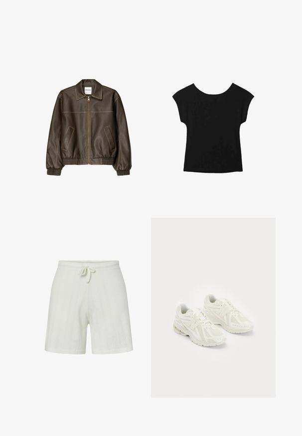 Brun læder bomberjakke med lynlåsfortil, spids krave, elastiske cuffe og kant, samt sidelommer. Kontrastsyninger synlige.; Sort kortærmet top med bred halsudskæring og løs pasform. Lavet af blødt stof uden synlige mønstre eller pynt.; Hvide strikkede shorts med elastisk talje og snøre. Har teksturerede striber og en afslappet pasform. Blødt stof for komfort.; Hvide sportssko i mesh og syntetiske materialer, snørebåndsdesign, polstret krave og tekstureret sål for bedre greb. Letvægts konstruktion.