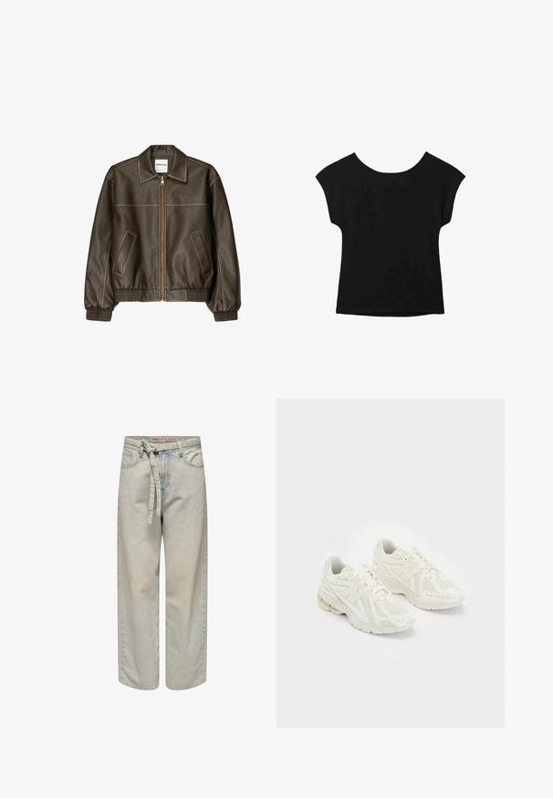 Hnedá kožená bomber bunda so zipsovým zapínaním vpredu, špicatej golierom, elastickými manžetami a spodným okrajom, a bočnými vreckami. Viditeľné kontrastné šitie.; Čierny krátky rukáv s širokým výstrihom a voľným strihom. Vyrobené z mäkkej látky bez viditeľných vzorov alebo ozdôb.; Svetlomodré nohavice s širokými nohavicami a opaskom v páse, s roztrhnutím a klasickým dizajnom piatich vreciek, vyrobené z denimovej tkaniny.; Biele športové topánky vyrobené z mäkkej sieťoviny a syntetických materiálov, dizajn na šnurovanie, polstrovaný golier a textúrová podrážka pre lepšiu trakciu. Ľahká konštrukcia.