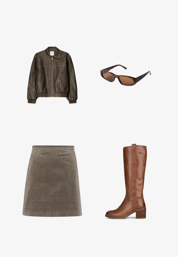 Bruine leren bomberjack met een ritssluiting aan de voorkant, puntige kraag, elastische manchetten en zoom, en zijzakken. Contrasterende stiksels zijn zichtbaar.; Lichtbeige geribde tanktop met een ronde hals en zonder mouwen. Gemaakt van een zachte stof, met schone zoomranden. Geen zichtbare patronen.; Khaki corduroy mini-rok met een rechte vorm, een gladde textuur en een eenvoudige tailleband, voorzien van verticale ribbels.; Bruine leren kniehooglaarzen met een ronde neus, een gestapelde hak en naaddetails langs de zijkanten. Gladde textuur met een rechtopstaand ontwerp.; Brown tortoise-shell zonnebril met rechthoekige lenzen, slank profiel en gebogen armen. Lenzen hebben een bruin tint, het frame is van kunststof.