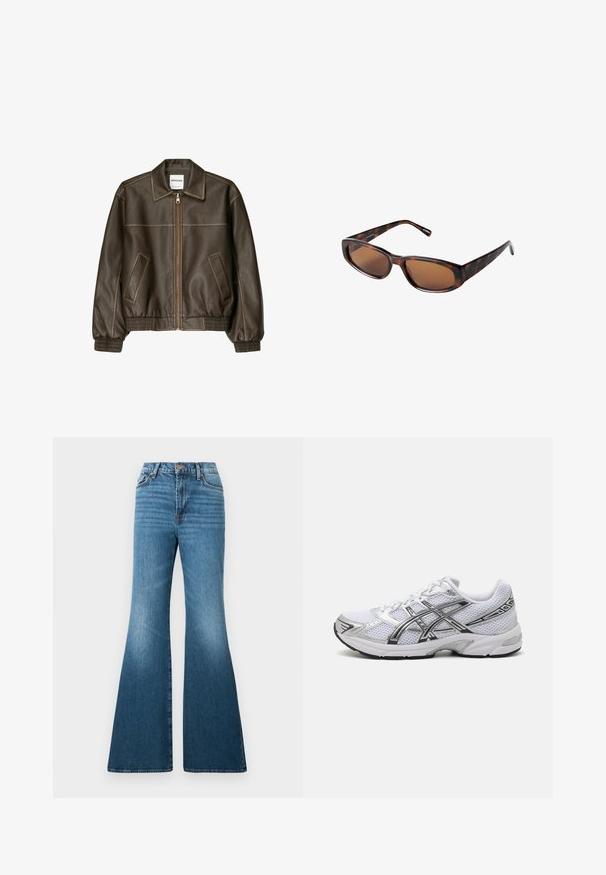 Giacca bomber in pelle marrone con zip frontale, colletto a punta, polsini e fondo elasticizzati, e tasche laterali. Cuciture in contrasto visibili.; Top in cotone beige chiaro a coste, con scollatura rotonda e senza maniche. Realizzato in un tessuto morbido, con bordi dei margini puliti. Senza motivi visibili.; Jeans a zampa di colore blu realizzati in denim, con vita alta, leggero effetto scolorito e dettagli di cuciture sulle tasche e sulle cuciture.; Scarpa da corsa bianca in rete con accenti argentati, dotata di una tomaia traspirante, colletto imbottito e suola in gomma testurizzata per una maggiore aderenza.; Occhiali da sole tartarugati marroni con lenti rettangolari, profilo snello e bracci curvi. Le lenti hanno una tinta marrone, la montatura è in plastica.; Borsa tote nera in pelle liscia e testurizzata, con parte superiore arrotondata e due manici lunghi. Presenta una base angolare per stabilità e un design strutturato.