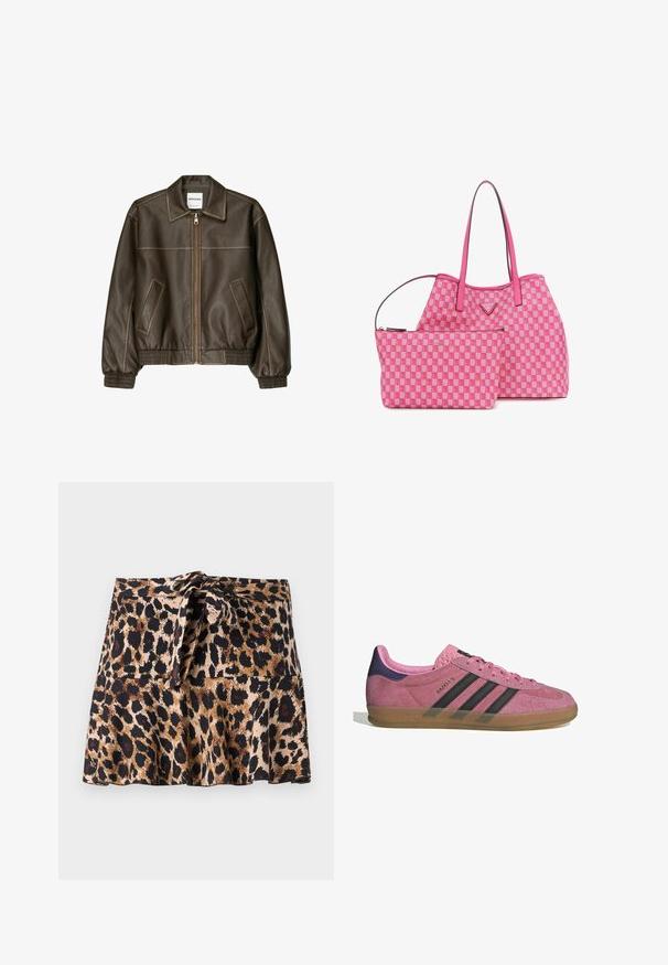 Braune Lederbomberjacke mit einem Reißverschluss vorne, spitzem Kragen, elastischen Bündchen und Saum sowie Seitentaschen. Sichtbare Kontrastnähte.; Zwei Tanktops sind ausgestellt, eines schwarz und eines weiß. Beide haben eine gerippte Textur und breite Träger mit einem abgerundeten Ausschnitt.; Minirock im Leopardenmuster aus weichem Material, mit ausgestelltem Schnitt, gebundenem Taillenbund und kontrastierenden schwarzen und braunen Flecken auf einem beigen Hintergrund.; Rosa Wildleder-Sneaker mit schwarzen Streifen, Gummisohle und strukturiertem lila Fersenbereich. Verfügt über ein Schnürdesign und geprägte Markenkennzeichnung an der Seite.; Tote-Bag im rosa Karomuster mit passendem kleinerem Beutel; aus glattem Material, mit doppelt genähten Griffen und goldenen Logo-Details.
