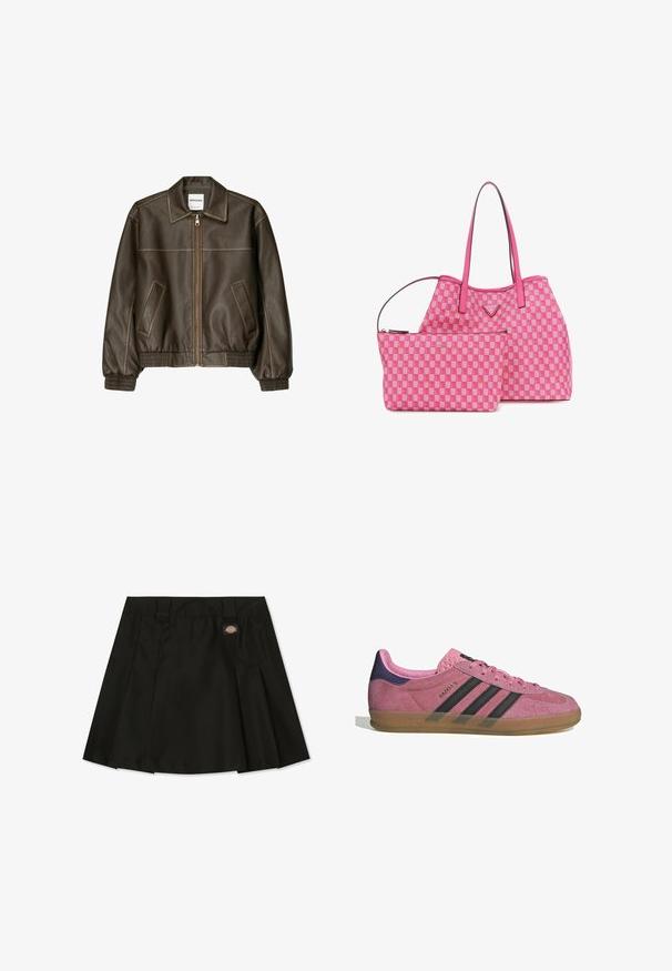 Barna bőr bombázó dzseki, elől cipzárral, hegyes gallérral, elasztikus mandzsettákkal és alsó résszel, valamint oldalsó zsebekkel. Kontrasztos varrás látható.; Két atléta top van kiállítva, egy fekete és egy fehér. Mindkettő bordázott textúrájú, széles pántokkal és lekerekített nyakkivágással rendelkezik.; Fekete pliszírozott szoknya strapabíró anyagból, derékkal és övhurkokkal, a bal elülső oldalán egy kis logócímkével.; Rózsaszín velúr sportcipő fekete csíkkal, gumi talppal és texturált lila sarokkal. Fűzős kialakítással és a márka dombornyomott logójával az oldalon.; Rózsaszín kockás mintás táska, illő kisebb tasakkal; sima anyaggal, dupla füllel és arany logóval díszítve.