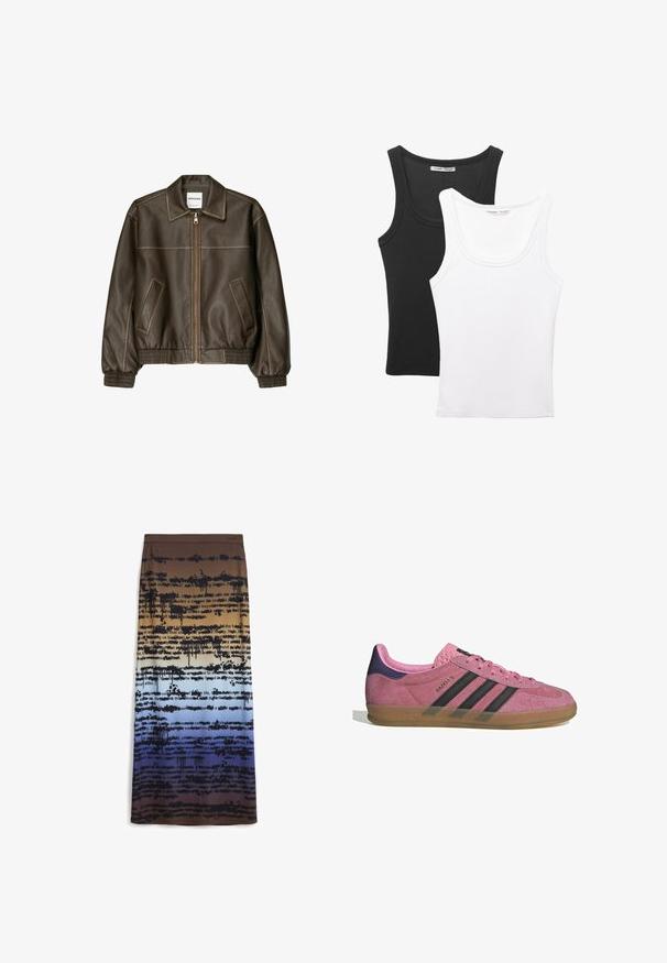 Hnědá kožená bombardovací bunda se zipem vpředu, špičatým límcem, elastickými manžetami a spodním lemem a bočními kapsami. Viditelné kontrastní švy.; Dvě tílka vystavená, jedno černé a jedno bílé. Obě mají žebrovanou strukturu, široká ramínka a kulatý výstřih.; Maxi sukně v hnědo-modrém gradientu s texturou a kapajícím černým textovým designem. Materiál se zdá být měkký a lehký.; Růžové semišové tenisky s černými pruhy, gumovou podrážkou a strukturovaným fialovým podpatkem. Disponují šněrovacím designem a embosovaným logem na boku.