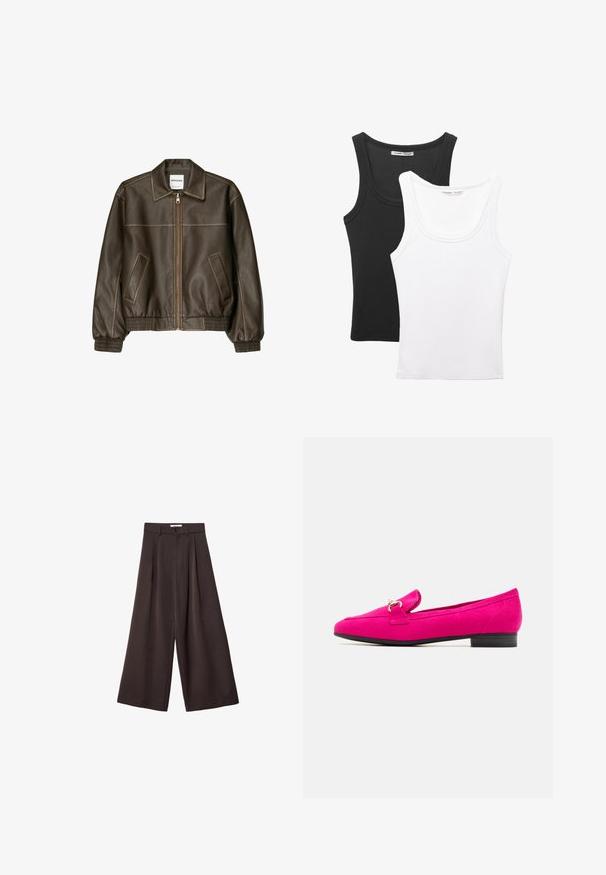 Ruskea nahkainen pommikonejacketti, jossa on vetoketjullinen etuosa, terävä kaulus, joustavat hihansuut ja helma sekä sivutaskut. Näkyvää kontrastiväristä ompelua.; Kaksi topia esillä, yksi musta ja yksi valkoinen. Molemmissa on uritettu pinta ja leveät hihnat, joissa on pyöreä kaula-aukko.; Mustat leveät housut, joissa on korkea vyötärö, etupleikkuilla ja nappikiinnityksellä vyötäröllä, valmistettu sileästä kankaasta.; Fuksiapinkki mokkanahkainen loafer, jossa on litteä musta korko, koristeellinen nauha ja pieni solkiyksityiskohta. Sileä pinta ja virtaviivainen siluetti.