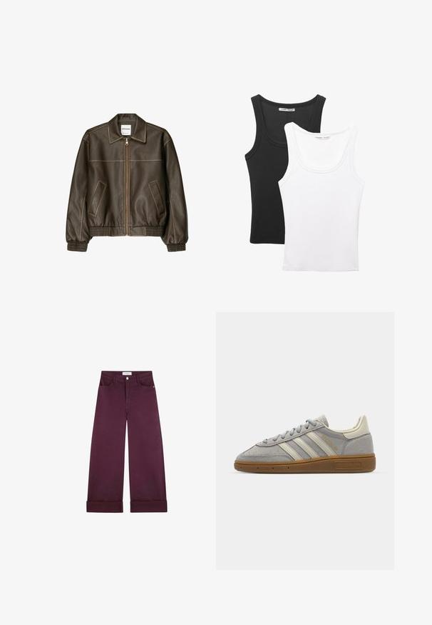 Braune Lederbomberjacke mit einem Reißverschluss vorne, spitzem Kragen, elastischen Bündchen und Saum sowie Seitentaschen. Sichtbare Kontrastnähte.; Zwei Tanktops sind ausgestellt, eines schwarz und eines weiß. Beide haben eine gerippte Textur und breite Träger mit einem abgerundeten Ausschnitt.; Weite Hosen aus tiefburgunderfarbenem Denim, mit vorderen Taschen, einem Knopfverschluss und umgeschlagenen Säumen für zusätzliche Details.; Graue Wildledersneaker mit hellgrauen Lederstreifen und einer Sohle aus Gummi. Zu den Merkmalen gehören eine Schnürung und dezente Markenkennzeichnung auf der Zunge.