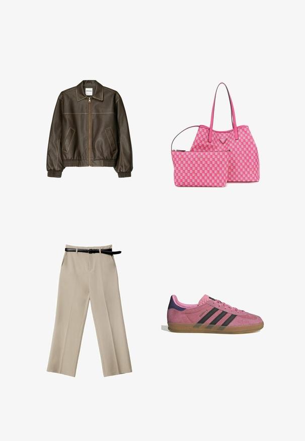 Giacca bomber in pelle marrone con zip frontale, colletto a punta, polsini e fondo elasticizzati, e tasche laterali. Cuciture in contrasto visibili.; Due top in esposizione, uno nero e uno bianco. Entrambi hanno una trama a coste e spalline larghe con un collo arrotondato.; Pantaloni beige a gamba larga con una texture liscia, tasche frontali e una cintura in pelle nera. Design sartoriale con pieghe ben definite.; Sneaker in suede rosa con strisce nere, suola in gomma e tallone texturizzato viola. Presenta un design con lacci e un marchio in rilievo sul lato.; Borsa a spalla a motivo chevron rosa con una pochette più piccola abbinata; presenta materiale liscio, doppi manici e dettagli in logo dorati.