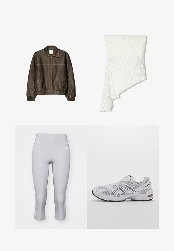 Brown leather bomber jacket with a zip front, pointed collar, elasticized cuffs and hem, and side pockets. Contrast stitching visible.; White lace scarf with an asymmetrical design, featuring a textured pattern, soft fabric, and a flowing drape along one side.; Light gray capri leggings made of smooth, stretchable fabric. Features a wide waistband and a small logo on the left side.; White mesh athletic shoe featuring gray accents, structured design, lacing system, padded collar, and rubber outsole for traction.