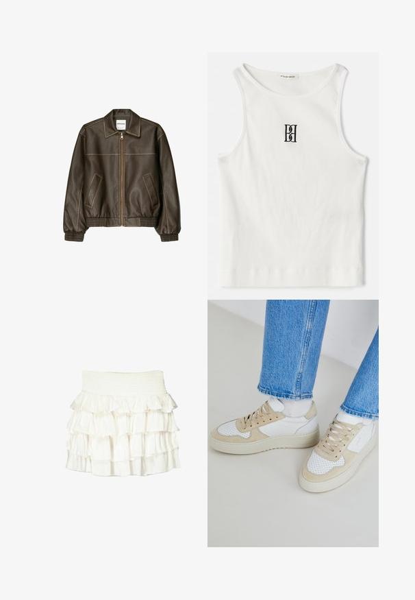 Jachetă bomber din piele maro cu fermoar frontal, guler ascuțit, manșete și tiv elasticizate și buzunare laterale. Costică contrastantă vizibilă.; Top din bumbac alb cu nervuri, având un logo brodat negru centrat pe piept. Decolteul și brațele sunt terminate cu o margine subtilă.; Fustă albă cu volane ondulate și talie elastică. Prezintă volane din țesătură transparență stratificate care creează un aspect texturat și fluid.; Adidași albi și bej cu detalii perforate, parte superioară din piele netedă și talpă groasă din cauciuc. Asociați cu blugi de culoare albastră deschisă.