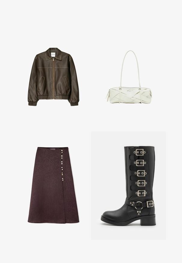 Brązowa skórzana kurtka bomberka z zapięciem na zamek, spiczastym kołnierzem, elastycznymi mankietami i dołem oraz bocznymi kieszeniami. Widoczne kontrastowe szwy.; Biały prążkowany top na ramiączkach z czarnym haftowanym logo umieszczonym na środku klatki piersiowej. Dekolt i otwory na ramiona wykończone subtelnym obszywaniem.; Bordowa spódnica midi o marszczonej fakturze, z rozcięciem z przodu i dekoracyjnymi guzikami w kształcie kamieni po lewej stronie.; Czarne botki do kolan wykonane z gładkiej skóry, z sześcioma srebrnymi klamrami, szerokim paskiem z pierścieniem O i solidnym obcasem w kształcie bloku.; Biała skórzana torebka o plecionym wzorze, z długim paskiem na ramię, zamkiem błyskawicznym i dekoracyjnym logo. Posiada frędzle na końcach.