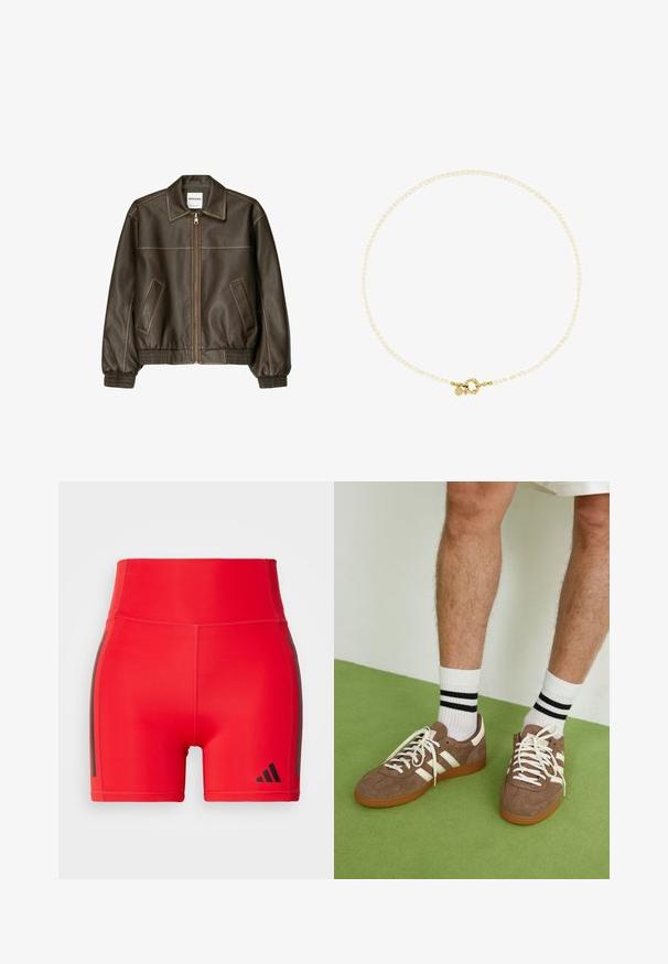 Brązowa skórzana kurtka bomberka z zapięciem na zamek, spiczastym kołnierzem, elastycznymi mankietami i dołem oraz bocznymi kieszeniami. Widoczne kontrastowe szwy.; Biały prążkowany top na ramiączkach z czarnym haftowanym logo umieszczonym na środku klatki piersiowej. Dekolt i otwory na ramiona wykończone subtelnym obszywaniem.; Czerwone sportowe spodenki z wysokim stanem, wykonane z elastycznego materiału, z czarnymi paskami po bokach i wytłoczonym logo w dolnym rogu.; Brązowe zamszowe sneakersy z białymi akcentami i sznurówkami. Gumowa, brązowa podeszwa. Noszone z białymi skarpetkami w czarne paski. Zielona teksturowana podłoga.; Biała kolia z koralików z złotym zapięciem, składająca się z małych, nieregularnie ukształtowanych koralików oraz dekoracyjnego akcentu w pobliżu zapięcia.