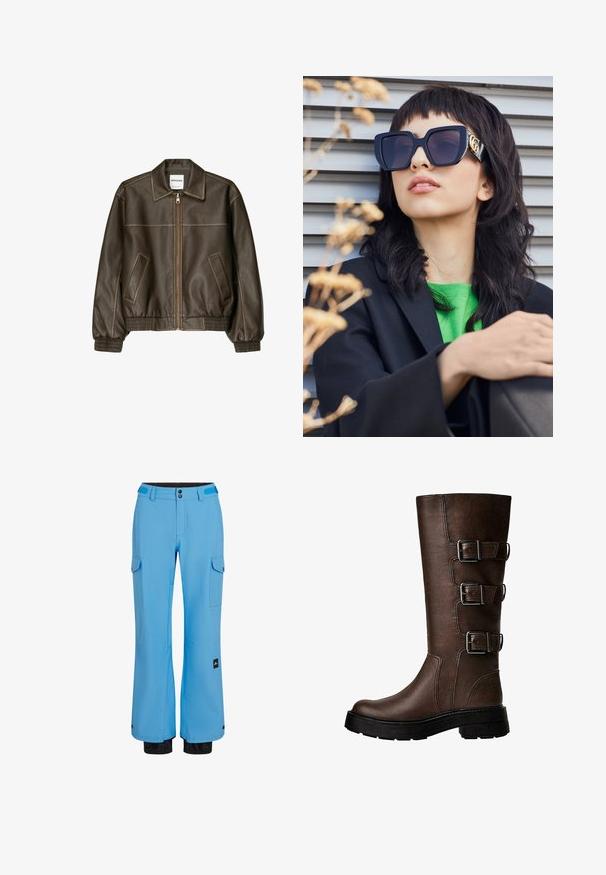 Giacca bomber in pelle marrone con zip frontale, colletto a punta, polsini e fondo elasticizzati, e tasche laterali. Cuciture in contrasto visibili.; Top corto senza maniche bianco in cotone, con testo ricamato in nero. Il pannello laterale presenta un tessuto fantasia che aggiunge texture.; Pantaloni da sci blu con design dritto, realizzati in materiale impermeabile. Presentano tasche cargo e polsini elasticizzati con accenti neri.; Stivale in pelle marrone alto fino al ginocchio con tre fibbie metalliche, superficie testurizzata, punta arrotondata e suola spessa per stabilità.; Occhiali da sole neri oversize con una montatura spessa e dettagli dorati, indossati con un blazer nero e una camicia verde brillante, su uno sfondo orizzontale.; Borsa grigia con texture, dotata di manico imbottito, accenti in rete, tracolla regolabile e chiusura frontale. Design compatto con forma arrotondata.
