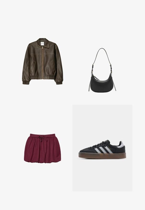 Brązowa skórzana kurtka bomberka z zapięciem na zamek, spiczastym kołnierzem, elastycznymi mankietami i dołem oraz bocznymi kieszeniami. Widoczne kontrastowe szwy.; Biały top na halter z czarnymi kropkami, z głębokim dekoltem w kształcie V i marszczonym designem. W zestawie z dopasowaną mini spódnicą z falbanami.; Bordowa spódnica z miękkiego materiału, z elastycznym pasem na sznurku, plisowanym wzorem i poszerzającym się krojem. Gładka faktura na całej powierzchni.; Czarne sneakersy o eleganckim wzornictwie, z trzema białymi paskami, czarnym językiem i fakturowaną brązową gumową podeszwą. Akcenty złotego napisu.; Czarna skórzana torba na ramię o zaokrąglonym kształcie, z regulowanym paskiem, złotymi akcentami wykończenia i gładką teksturą.