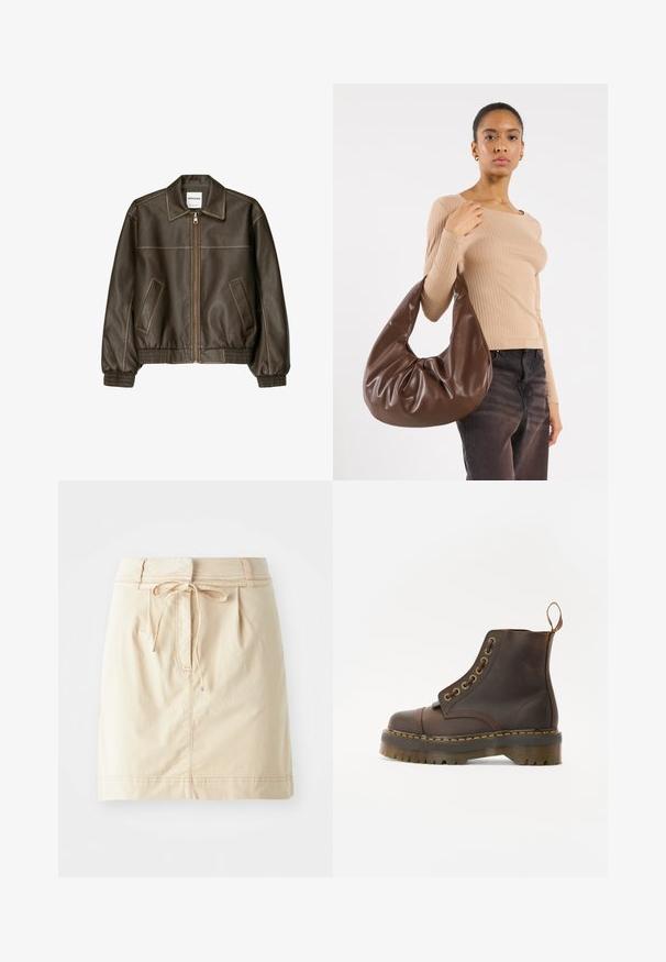 Barna bőr bombázó dzseki, elől cipzárral, hegyes gallérral, elasztikus mandzsettákkal és alsó résszel, valamint oldalsó zsebekkel. Kontrasztos varrás látható.; Fehér bordázott ujjatlan felső kerek nyakkivágással, a mellkason fekete betűkkel "Dickies" felirattal.; Könnyű anyagból készült khaki szoknya, szabott derékrésszel, zsinór részletekkel, pliszékkel és diszkrét varrással. Simaság jellemzi.; Barna bőr bokacsizma, kerek orrral, kontrasztáló sárga varrással, dekoratív fém szemölcsökkel és bordázott gumitalppal.; Barna bőr hobo táska, laza fazonú és sima textúrájú. Egy modell viseli hétköznapian, nagy nyílással és lekerekített formával.