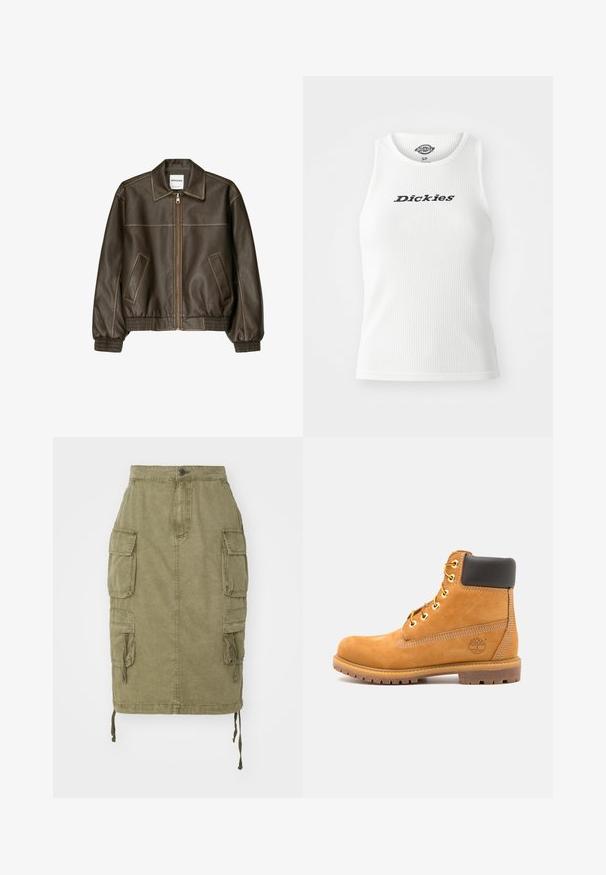 Braune Lederbomberjacke mit einem Reißverschluss vorne, spitzem Kragen, elastischen Bündchen und Saum sowie Seitentaschen. Sichtbare Kontrastnähte.; Weißes, geripptes Tanktop mit Rundhalsausschnitt und ärmellosem Design, mit der Aufschrift "Dickies" in schwarzer Schrift über der Brust.; Alpha Industries MULTIPOCKET SKIRT - Jeansrock - olive; Braune Leder-Stiefelette mit schwarzer Polsterung, goldenen Ösen und einer strukturierten Sohle. Hat ein kreisförmiges Logo an der Seite und Nähakzente.
