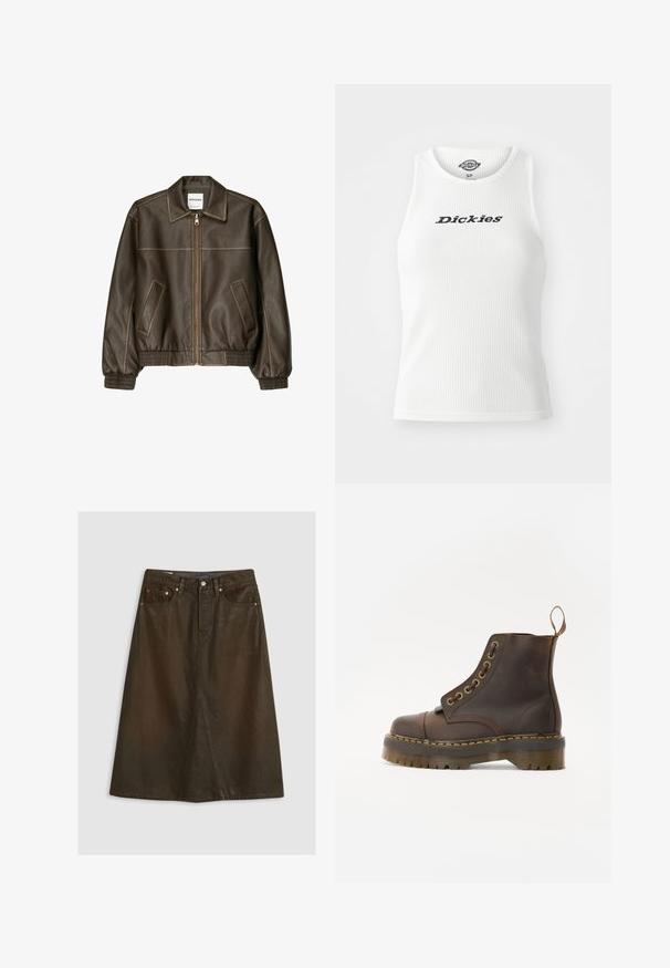 Braune Lederbomberjacke mit einem Reißverschluss vorne, spitzem Kragen, elastischen Bündchen und Saum sowie Seitentaschen. Sichtbare Kontrastnähte.; Weißes, geripptes Tanktop mit Rundhalsausschnitt und ärmellosem Design, mit der Aufschrift "Dickies" in schwarzer Schrift über der Brust.; Brauner Jeansrock in A-Linie mit hoher Taille, vorderem Schlitz, kupferfarbenen Nieten und tonalem Steppen. Glatte Textur, knielanges Design.; Braune Leder-Ankleboots mit runder Spitze, kontrastierenden gelben Nähten, dekorativen Metallösen und rutschfester Gummisohle.