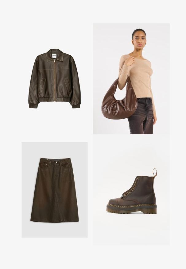 Hnedá kožená bomber bunda so zipsovým zapínaním vpredu, špicatej golierom, elastickými manžetami a spodným okrajom, a bočnými vreckami. Viditeľné kontrastné šitie.; Biela rebrovaná tank topka s okrúhlym výstrihom a bezrukávovým dizajnom, s nápisom "Dickies" čiernym písmom cez hruď.; Hnedá, sukňa z denimu po kolená s predným rozparkom, dizajn s piatimi vreckami, kovové prvky a jemná textúra.; Hnedé kožené členkové topánky s okrúhlym špicom, kontrastným žltým prešívaním, dekoračnými kovovými očkami a drážkovanou gumovou podrážkou.; Hnedá kožená hobo taška s uvoľneným dizajnom a hladkou textúrou. Nosená neformálne modelkou, s veľkým otvorom a zaobleným tvarom.